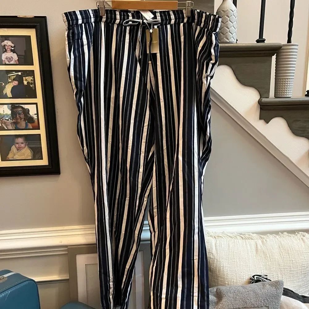 Anthology Blue & White Stripe Linen Blend Pull On Pants sz 26 NWT